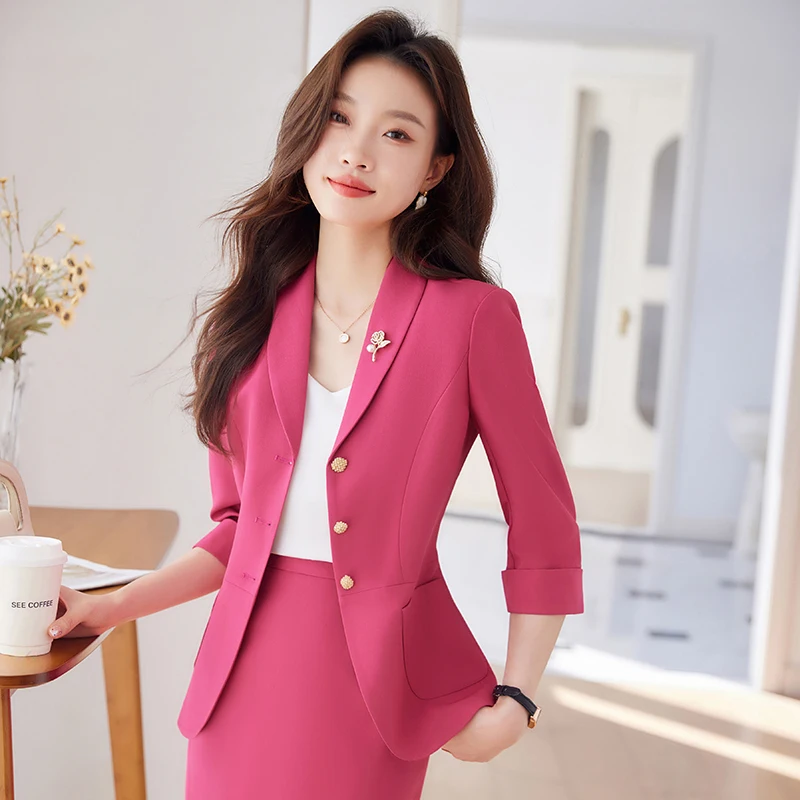 NAVIU-Costumes jupe de bureau pour femme, style français, ensemble deux pièces, blazer court à simple boutonnage, manches mi-longues, jupe pour