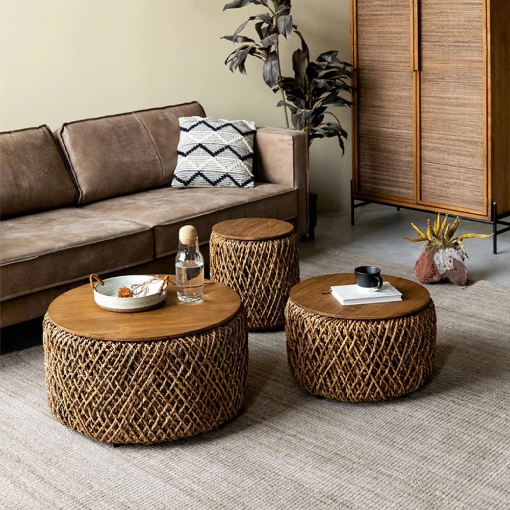 Teak Furniture Rattan Weaving Round Stowable Living Room Home Use Southeast Asian Style Coffee Table Couchtisch Home Furniture