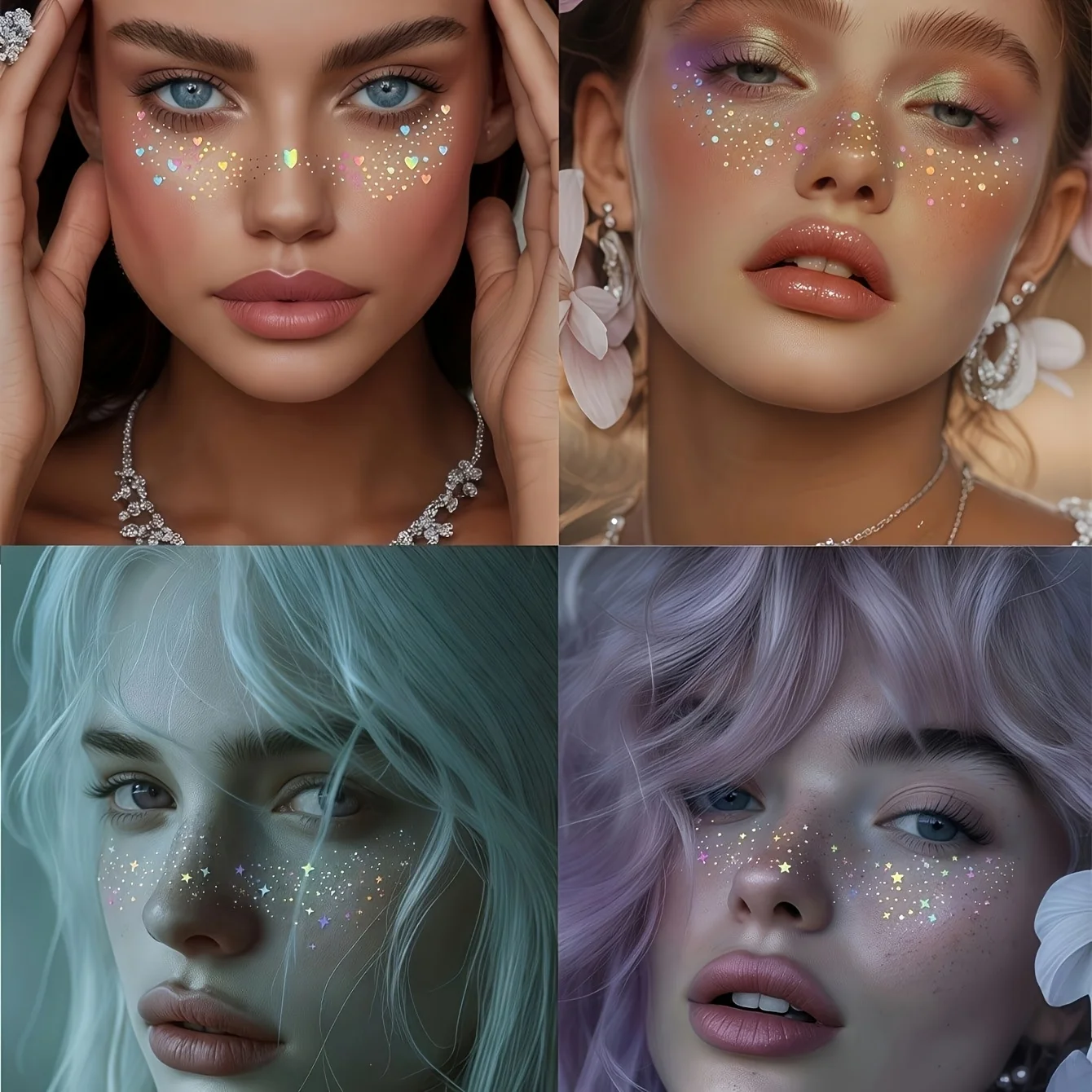 6 adesivi per il viso natalizio con glitter misti, arcobaleno, cuore, stella, punto, impermeabile, body art temporaneo per feste, vacanze, trucco