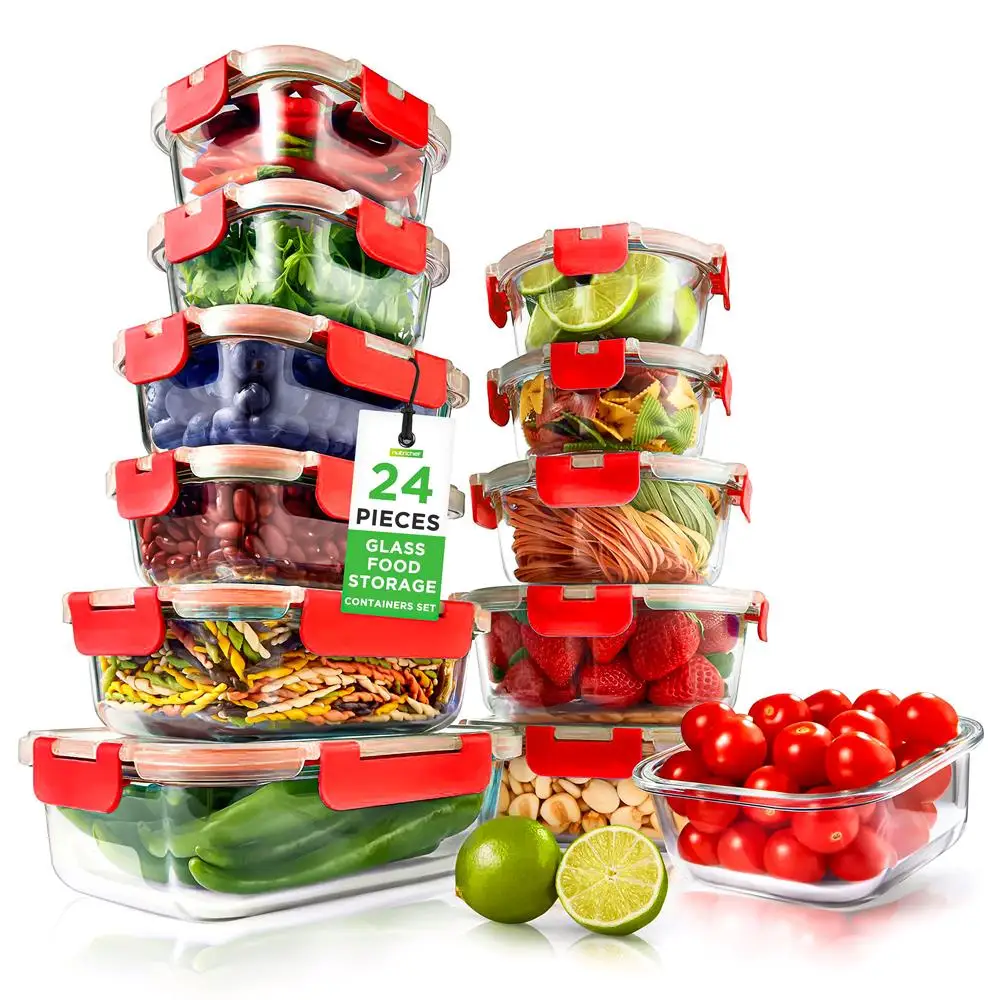 

NutriChef Стеклянное хранилище для пищевых продуктов из 24 предметов — герметичные контейнеры для приготовления еды, коробки для бенто