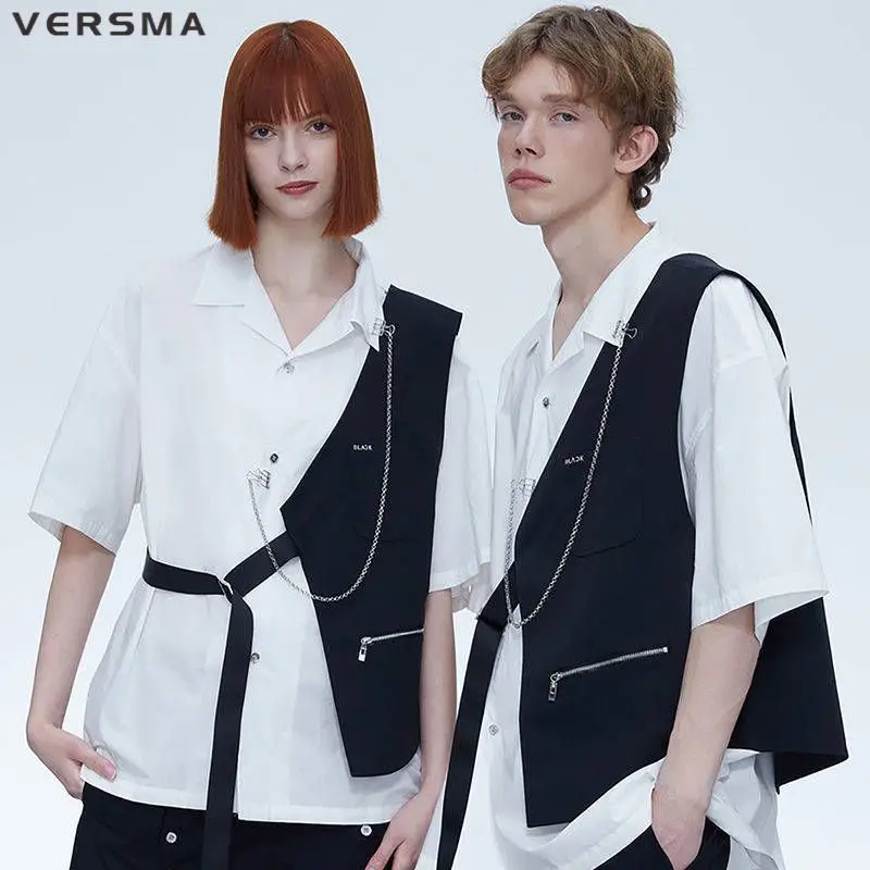 VERSMA Korean Trendy One-shoulder Vintage Vest Waistcoat For Men Hip Hop Streetwear Chic Biker Vest Sleeveless Motorcycle Jacket