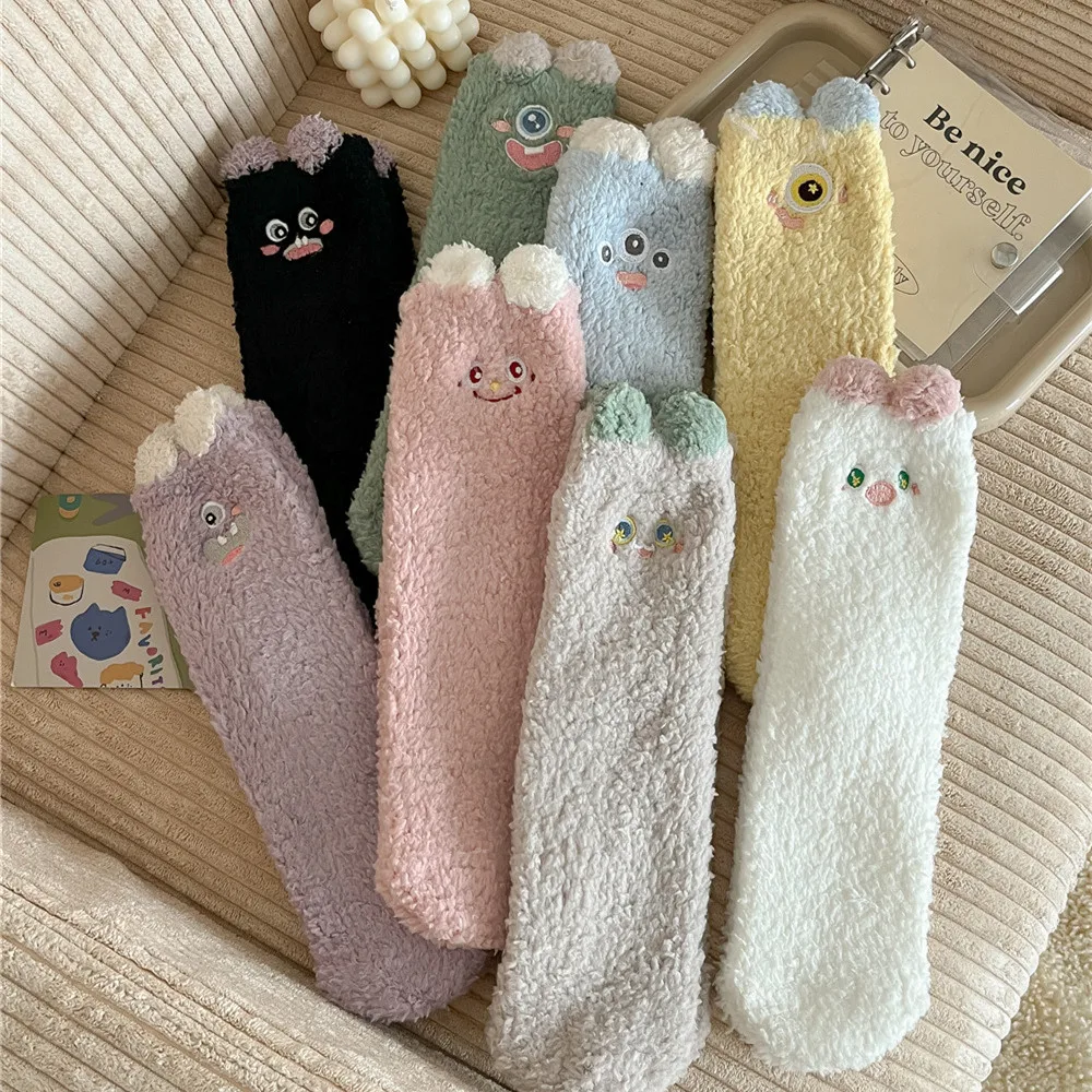 1PR Coral Fleece Lambswool Home Warm Feet Room Socks Women's Long Socks Thick Warm Cartoon Cute Binge-watching Socks