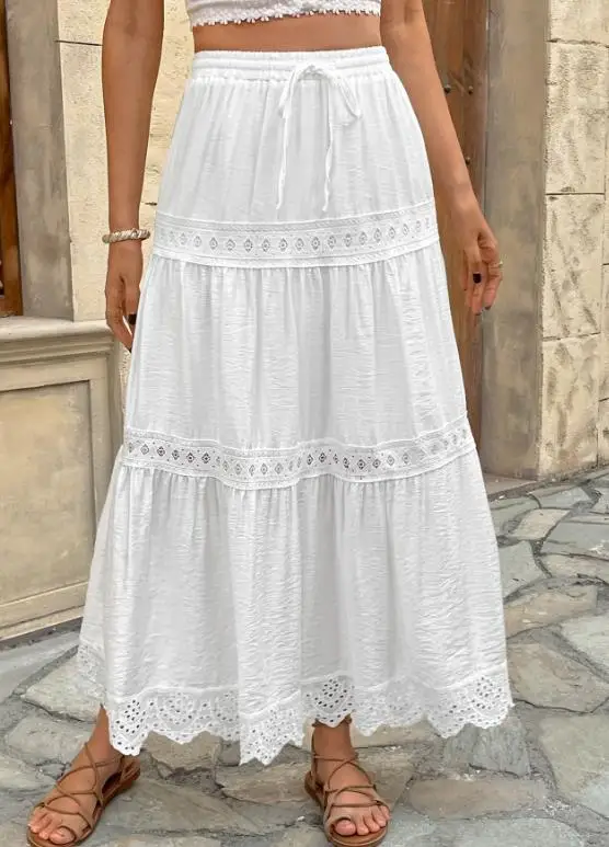 

2025 Summer New Fresh Vacation Style Long Dress with Lace and Lace Splicing White Half Body Skirt