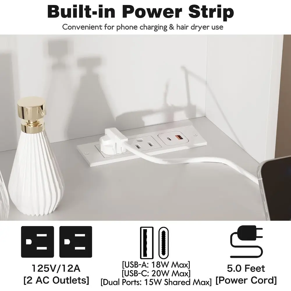 YESHOMY Vanity Desk with Mirror, Power Outlet and 10 Lights, Makeup Table with 7 Ders, 3 Color es Available or Bedroom, e White - view 6