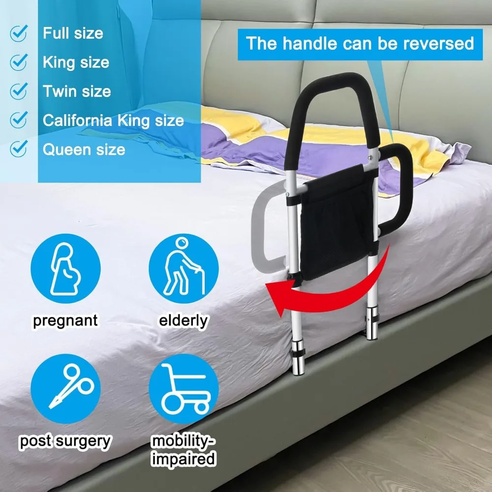 قضبان سرير لكبار السن مع قضبان إمساك، وجيب تخزين، وواقي لمنع السقوط لأسرة King Queen المزدوجة الكاملة، تدعم 300 رطل #6