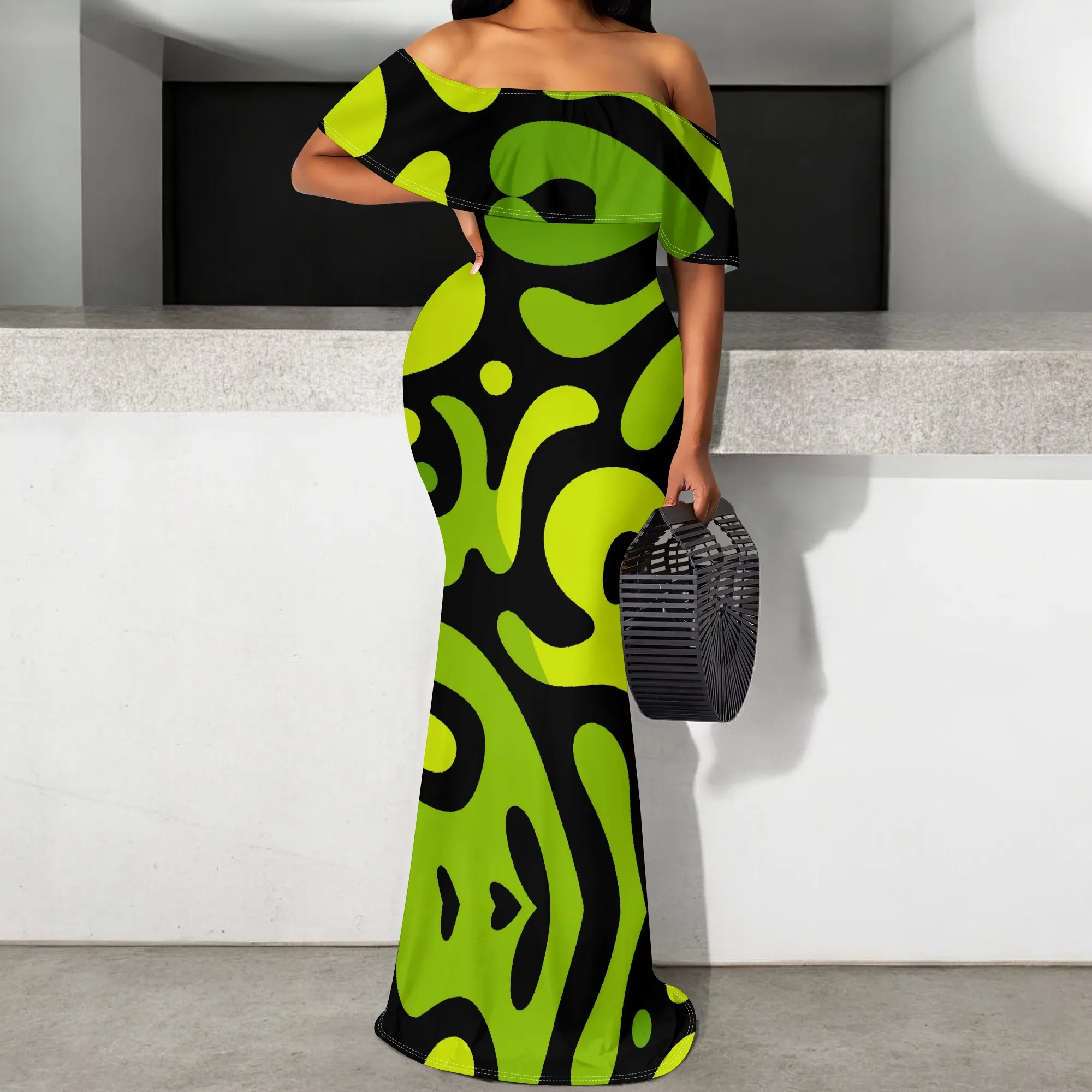 

Colorful Off Shoulder Mermaid Maxi Dress for Women S-3XL Tropical Leaf Print Carnival Beach Vacation Summer Party Outfit