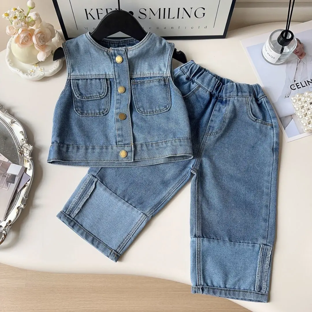 

New Retro Casual Denim Vest + Pants Two-piece Set Kids Clothes Girls