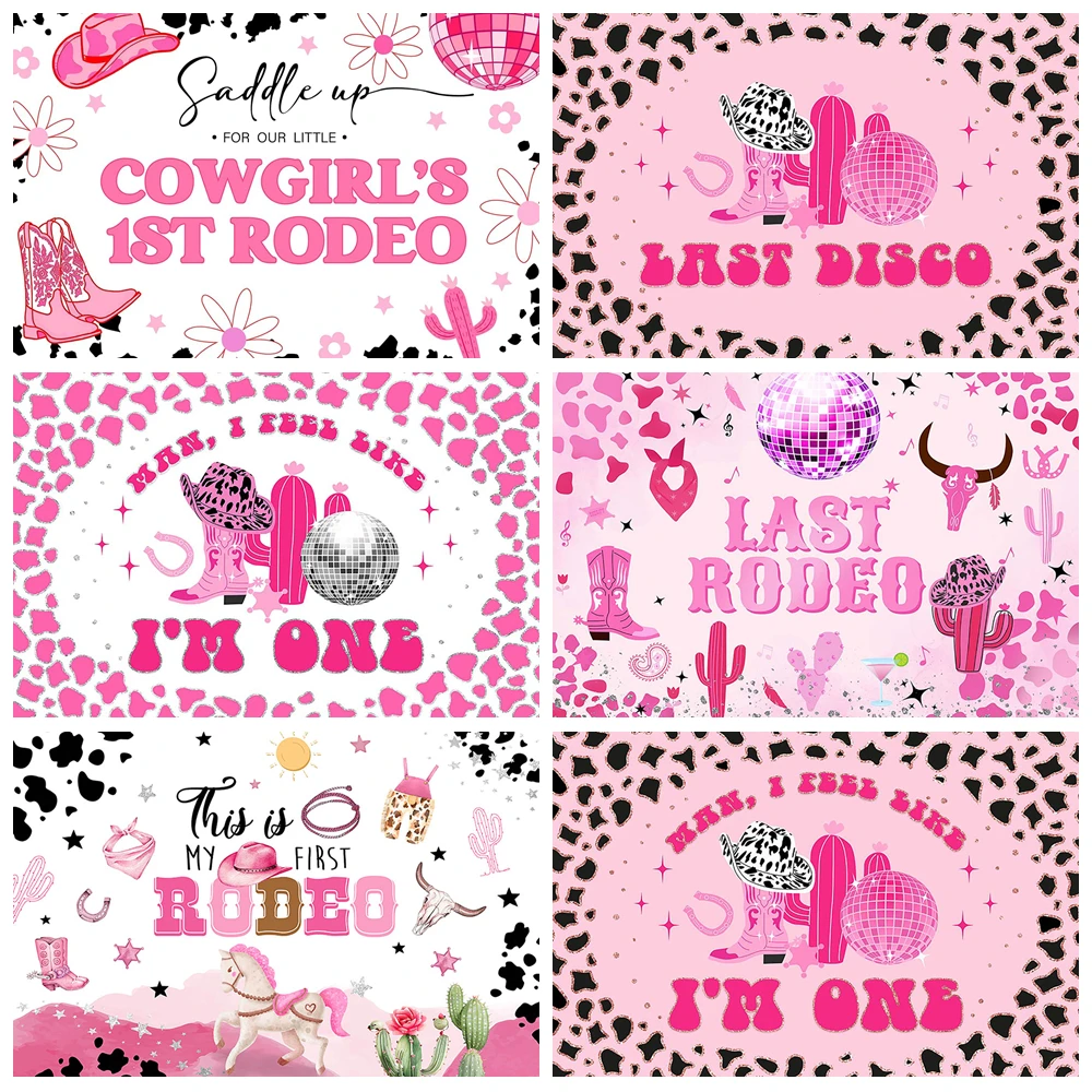 

Retro Cowboy Girl Backdrop First Rodeo Disco Discoball Cactus Carnival Party Photography Background Baby One Birthday Photocall