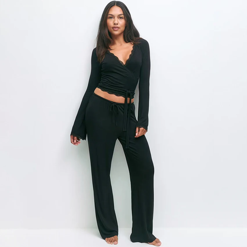 

Hiloc Ladies' Nightwear Set Solid V-Neck Trend Lace Sexy Long-Sleeve Top Wrap-Around Top Spring Autumn Drawstring Trousers 2025