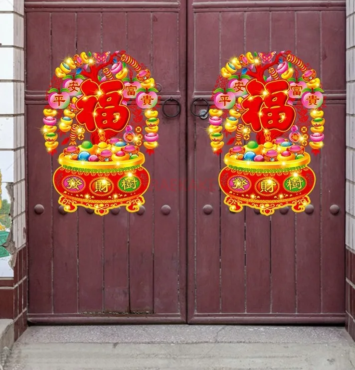 قطعتان من ملصقات الأبواب الزجاجية لمهرجان الربيع الكهروستاتيكي، ملصقات قطع الورق، ملصقات نافذة زجاجية مزخرفة للعام الجديد