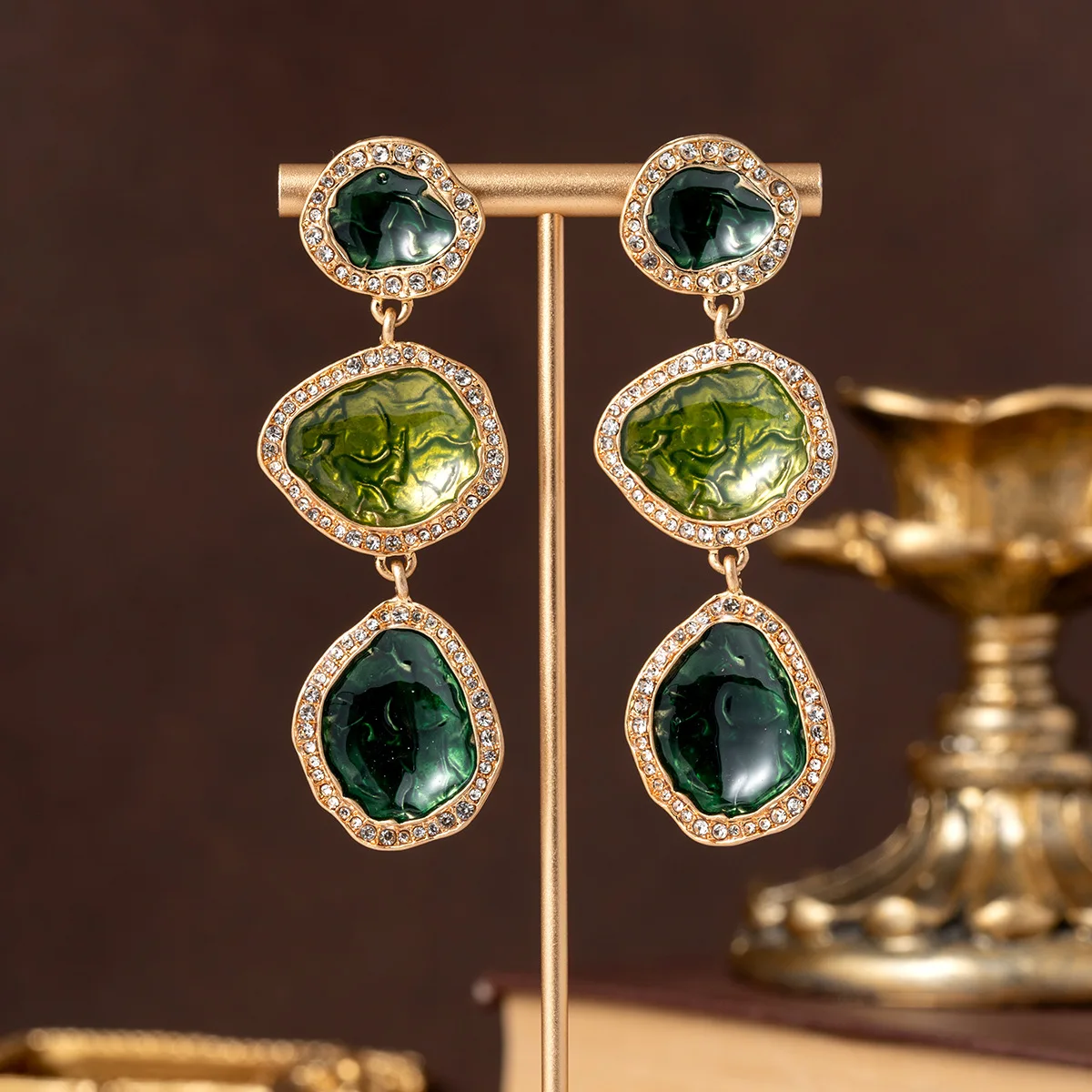 Medieval Vinatge Irregular Rhinestone-set Enamel Dangle Earrings Light Luxury Temperament Versatile Earrings for Women