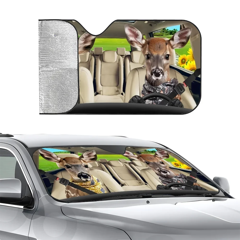 

Funny Deer Driving Car SunSha Heat-insulating Aluminum Film Windshield Sunshas UV Rays Blocks Car Sun Visor Protector