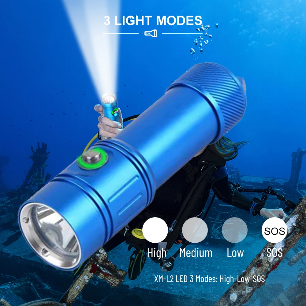 Asafee AF17D 50M Underwater Diving Flashlight L2 LED 1200LM Submersible Dive Light Lamp Torch IPX8 Waterproof Lantern