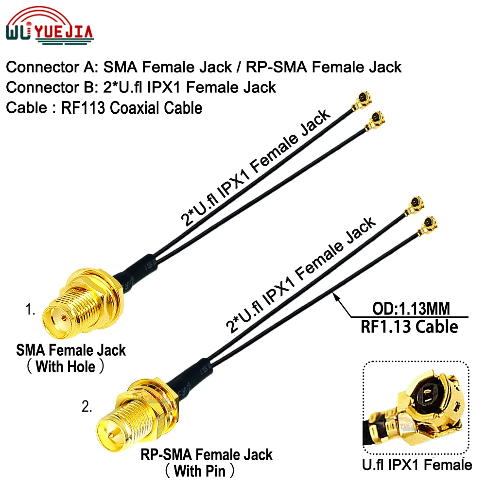 SMA Female to 2 x U.FL-IPX1 Female MHF4 Jack Connector RP-SMA Female RF1.13 Coax Cable 4G WIFI Antenna Extension Jumper Pigtail