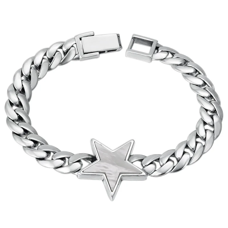 

BOCAI New 9mm S925 Sterling Silver Retro Personalized Geometric Five Point Star Smooth Face Men's Bracelet