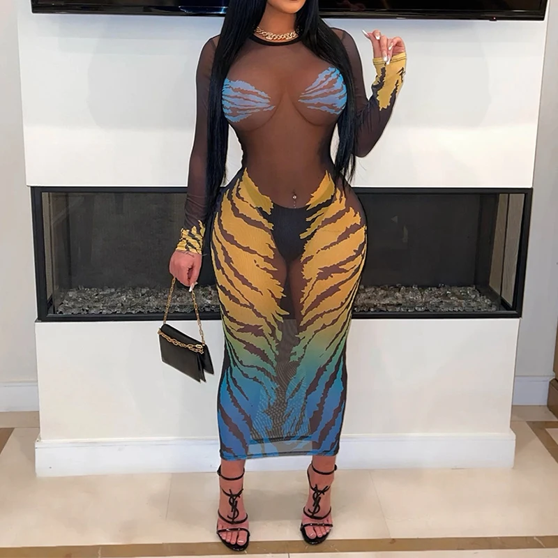 OMSJ 2024 Summer Nightclub Party Tiger Stripe Printing Fashion Sexy Ladies Perspective Long-sleeve Tight Fit Pullover Maxi Dress