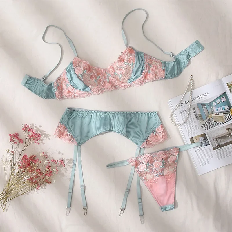 Toucheart مثير التطريز الملابس الداخلية مجموعة للنساء الدانتيل الزهور المرقعة شبكة انظر من خلال مثير الأربطة 3 قطعة الملابس الداخلية مجموعة جديد #2