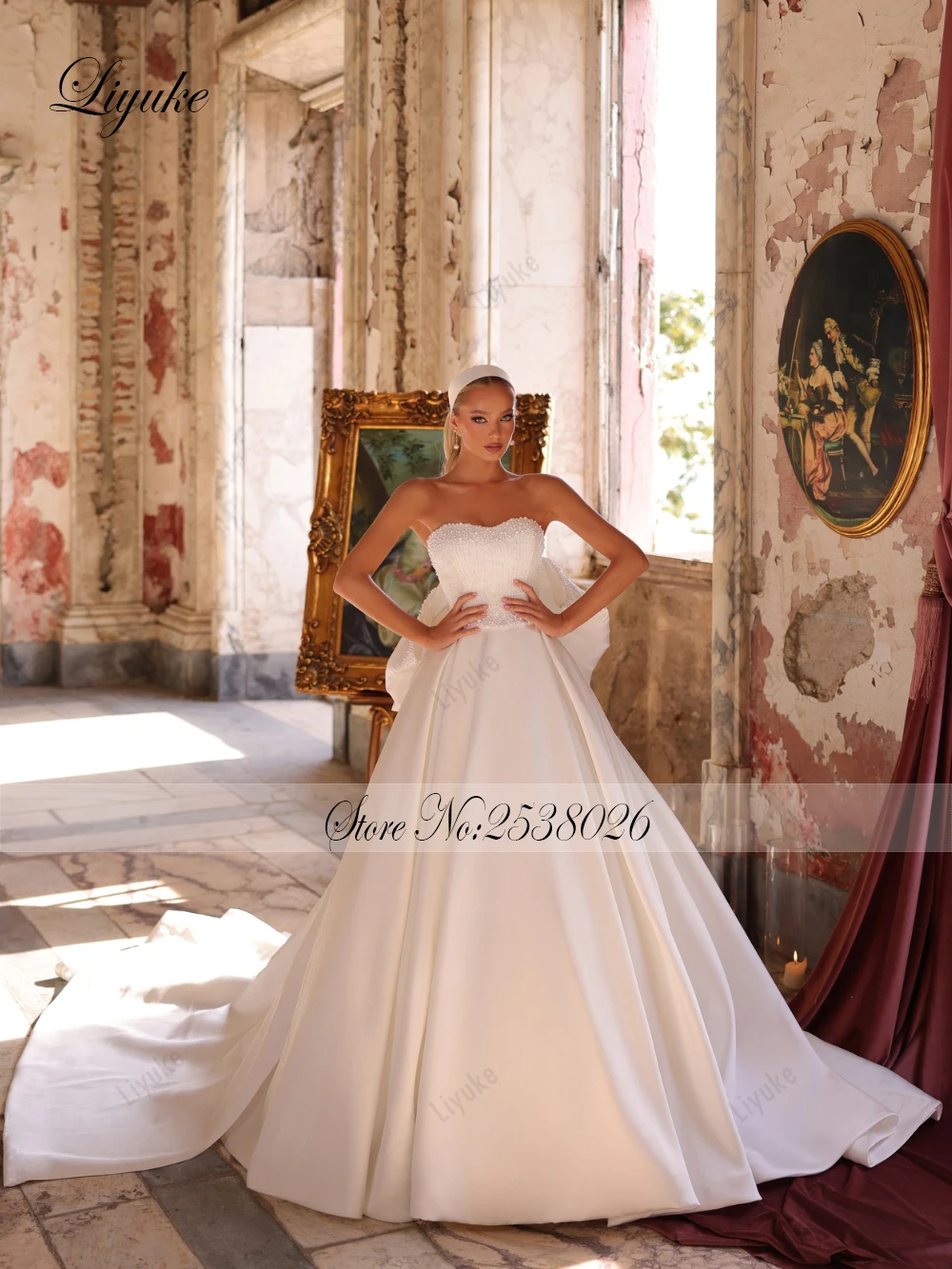 Liyuke Custom Made Elegant Satin Simple A-Line Wedding Dresses With Bow Removable Train Beading Pearls Sweetheart Bridal Dress