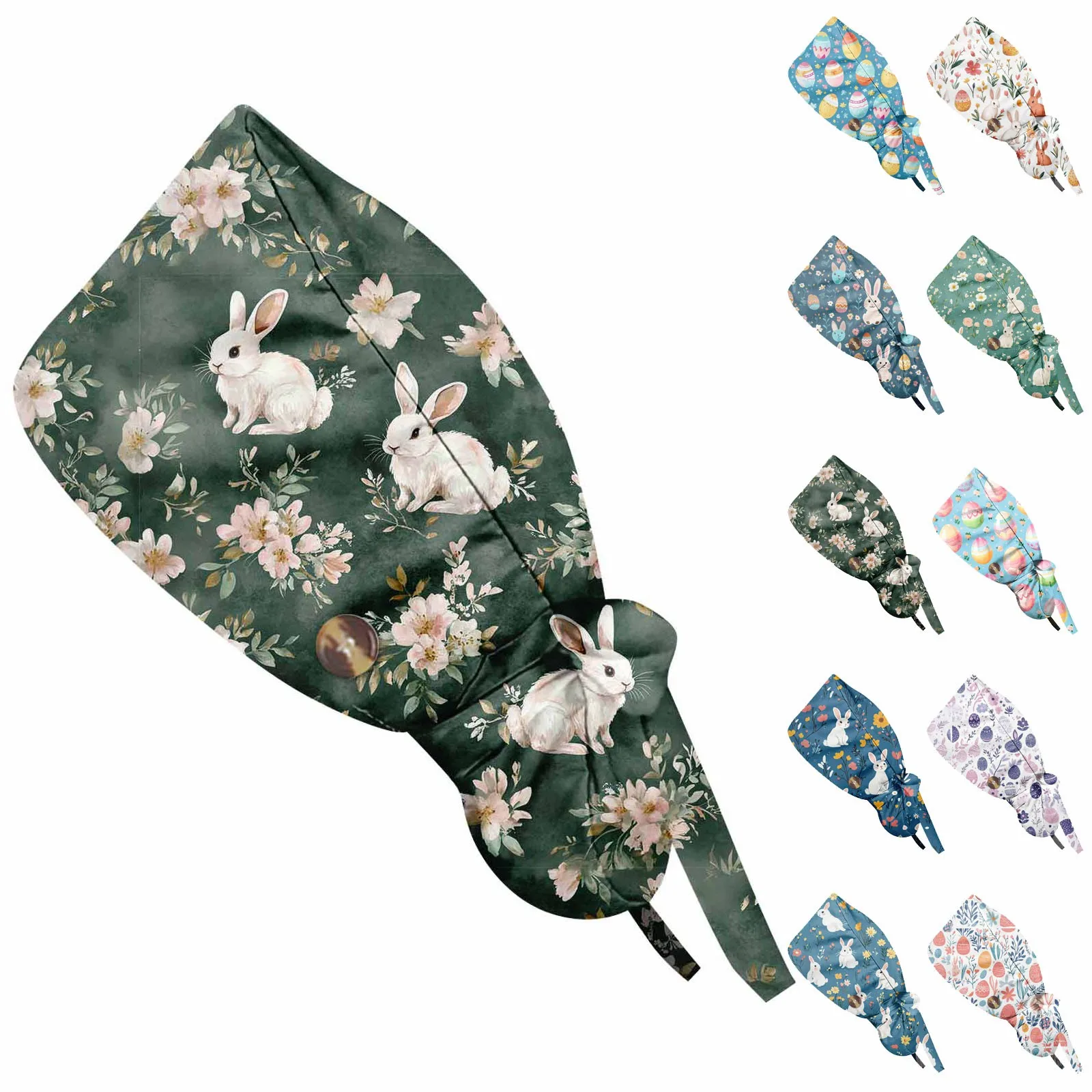 Bonnets de gommage réglables, support queue de cheval avec boutons, chapeaux d'allaitement, cheveux longs, imprimé de pâques, casquettes d'infirmière, accessoires d'uniforme pour femmes