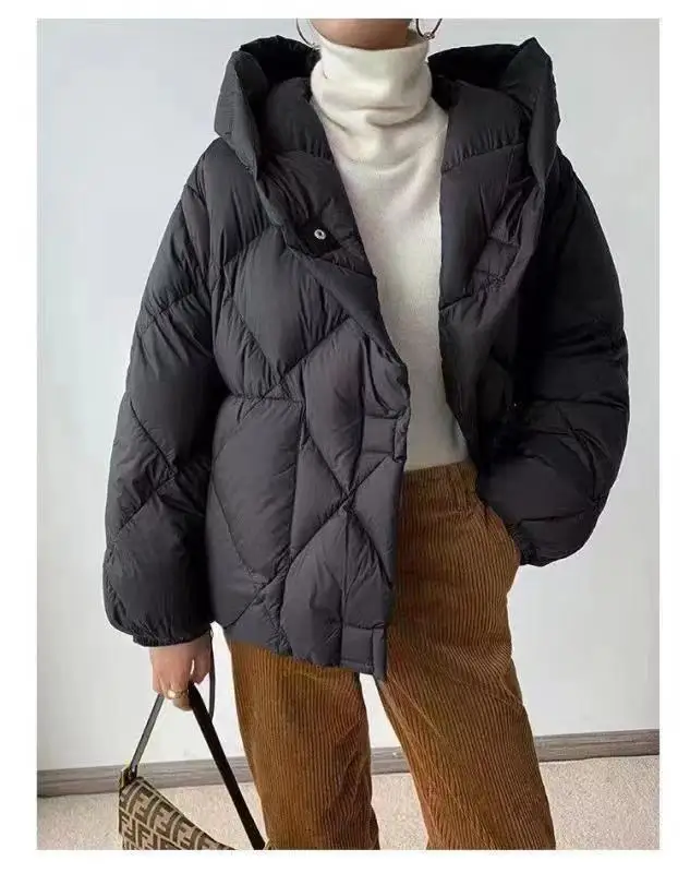 Winter Hooded 90% White Duck Down Short Jacket Diamond Puffer Coat Women Irregular Drawcord Hem Down Coat One Button Outwear