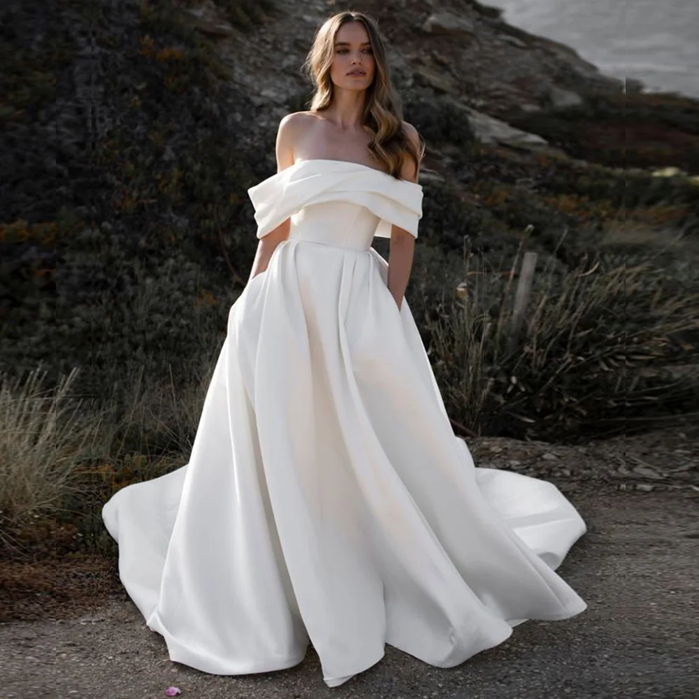 

Женское свадебное платье с открытыми плечами, простое платье со съемным бантом