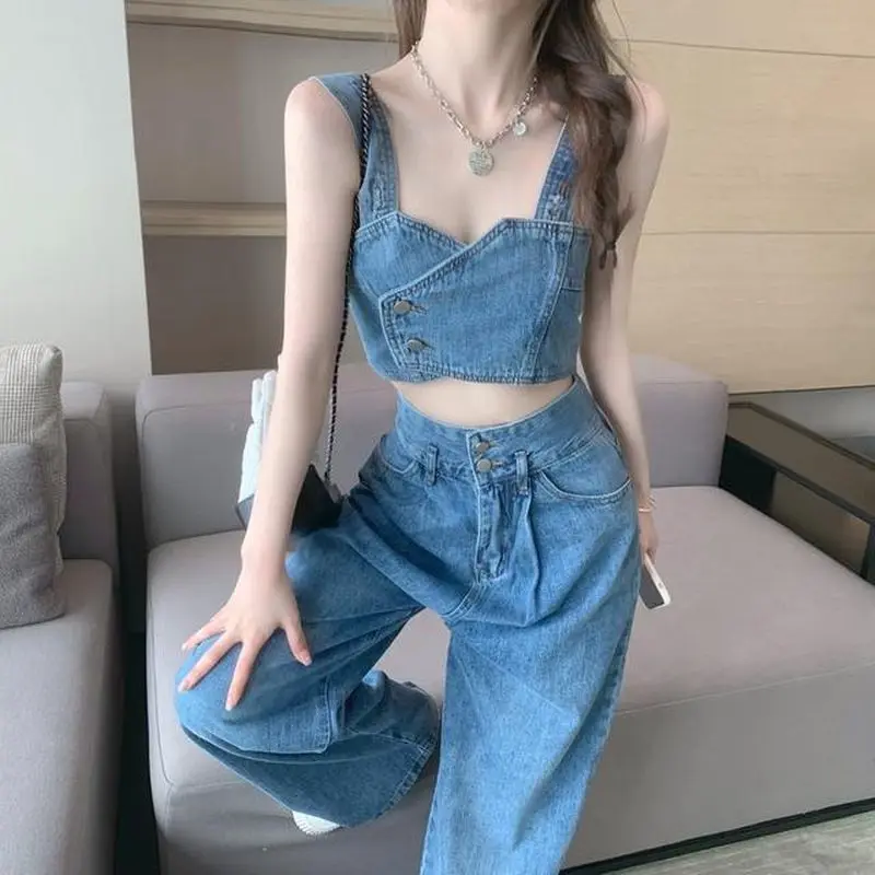 

High street style denim suit women's denim sets autumn new short camisole tops + high waist wide leg pants two-piece suit trend