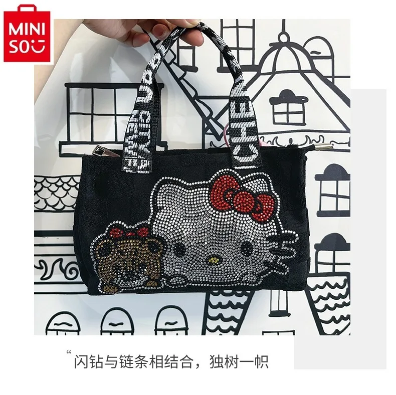 MINISO 2024 New Cartoon Flash Diamond Hello Kitty Crossbody Bag for Women\'s Sweet and Versatile Mobile Portable Storage Bag