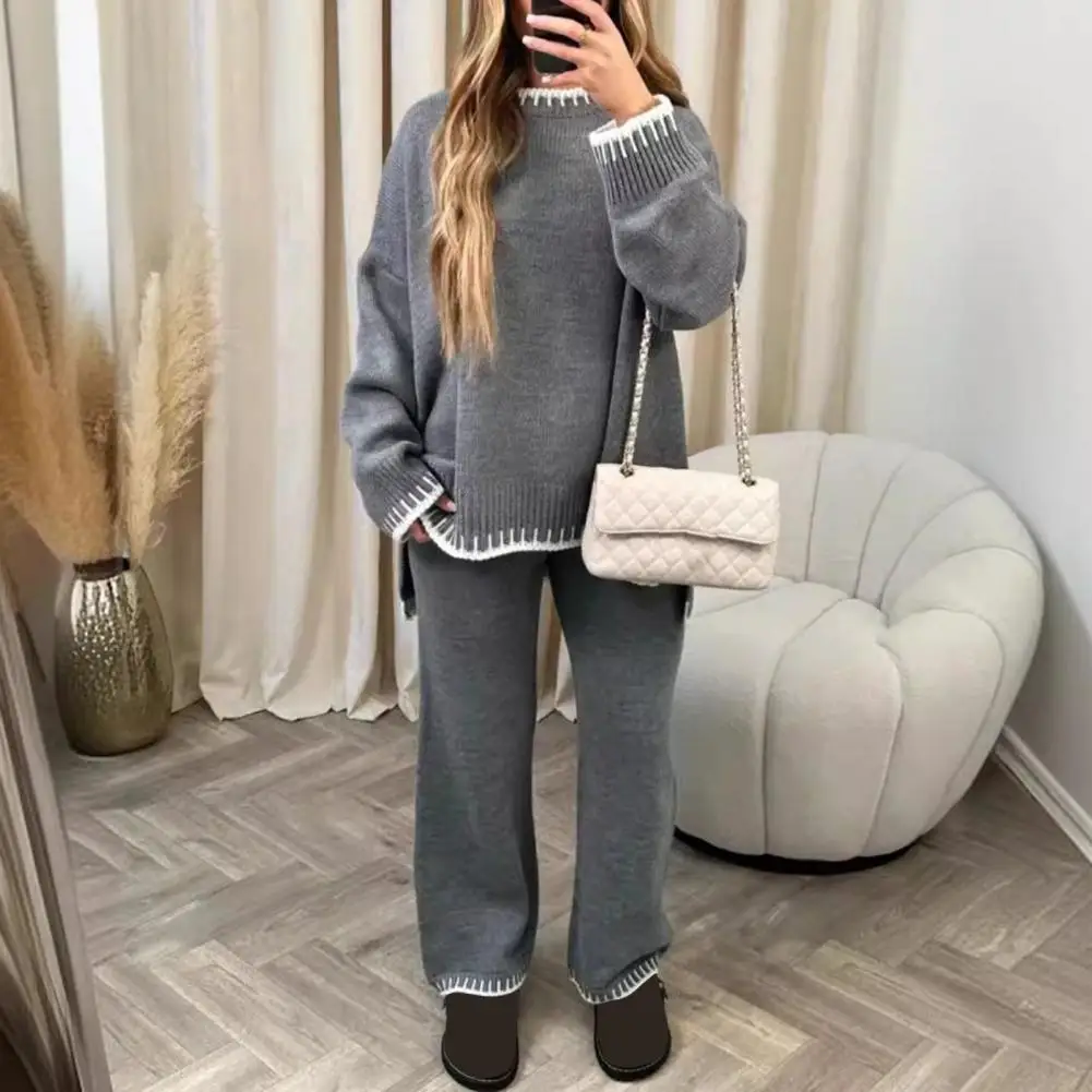 2 Pcs/Set Winter Women Sweater Pants Set Loose O Neck Long Sleeves Sweater Wide Leg Trousers Outfit Lady Homewear