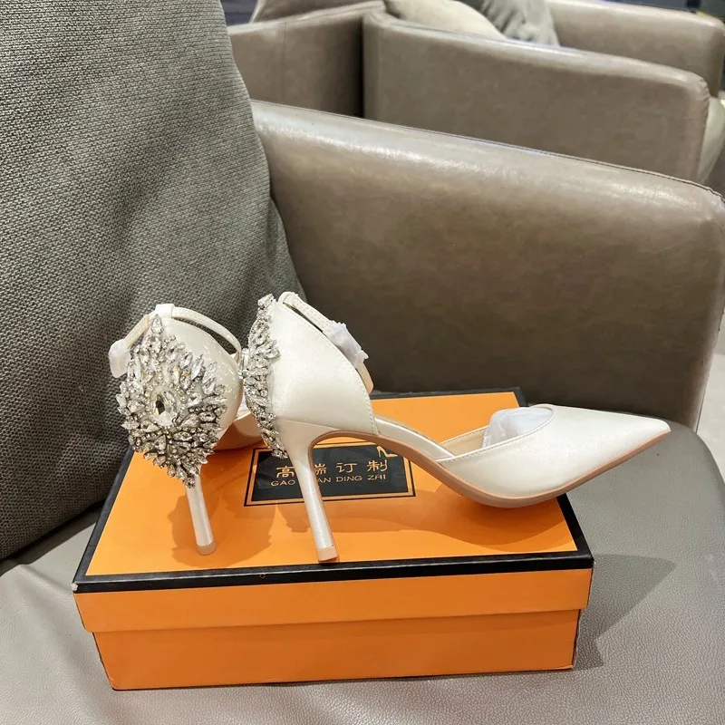Rhinestone Wedding Shoes One-Line Buckle Sandals Women 2025 Spring Summer New White Sexy Hollow French Stiletto Heels