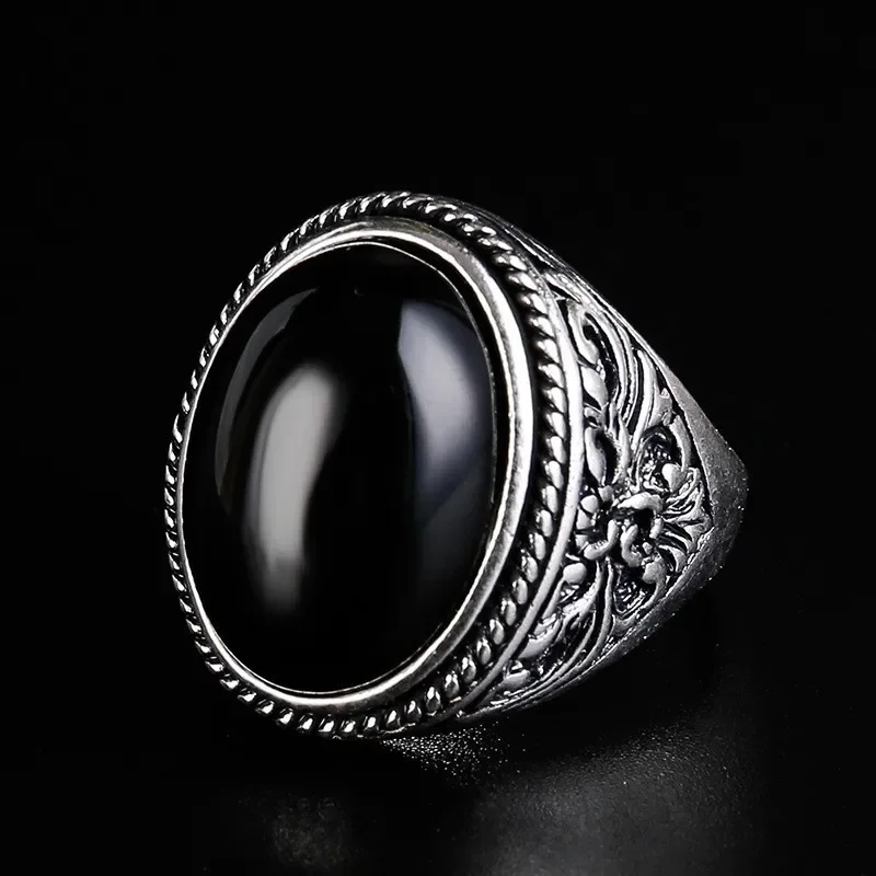 European and American Classical Vintage Black Agate Oval Ring Men\'s Art Carved Simple Men\'s Handicrafts