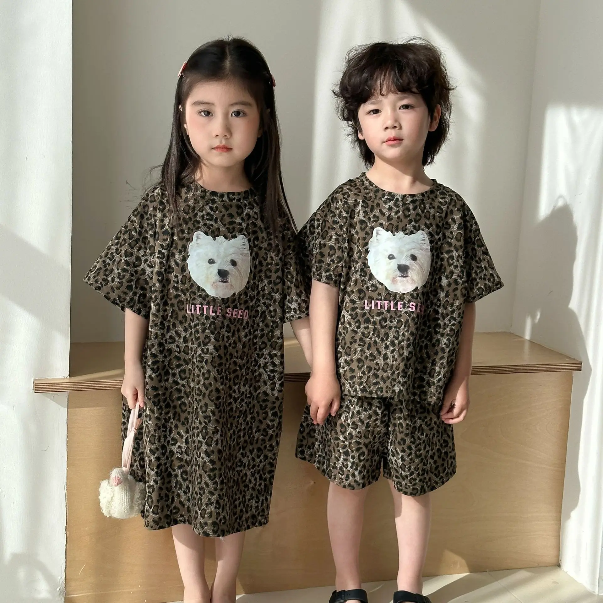 

Brother and Sister Clothes Girls Leopard Dress Boys T-shirt Shorts 2PCS Clothing Set