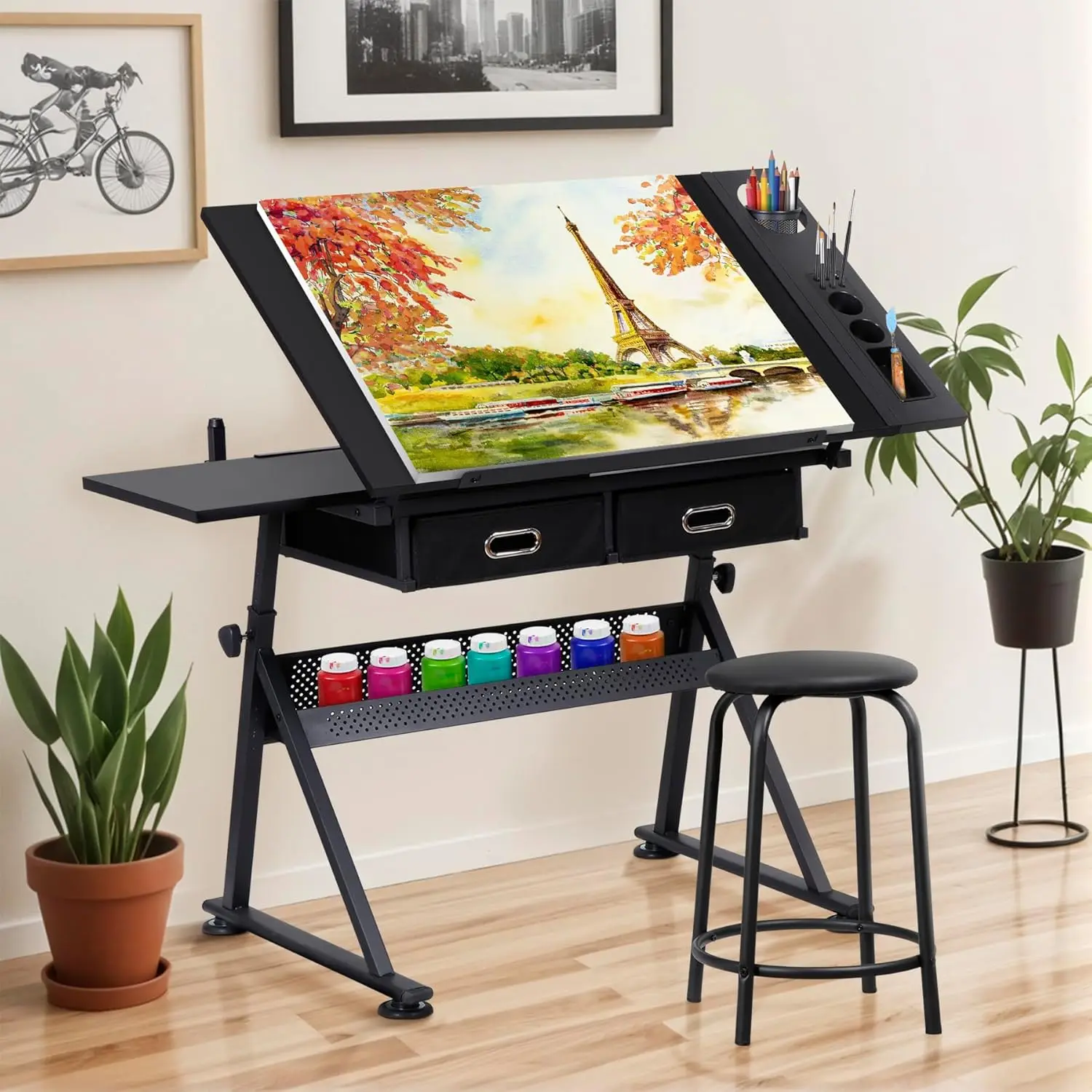 Adjustable Drafting Table with Stool, Tilting Drawing Desk Artist Table  Art Craft Workstation for Home Office Reading,