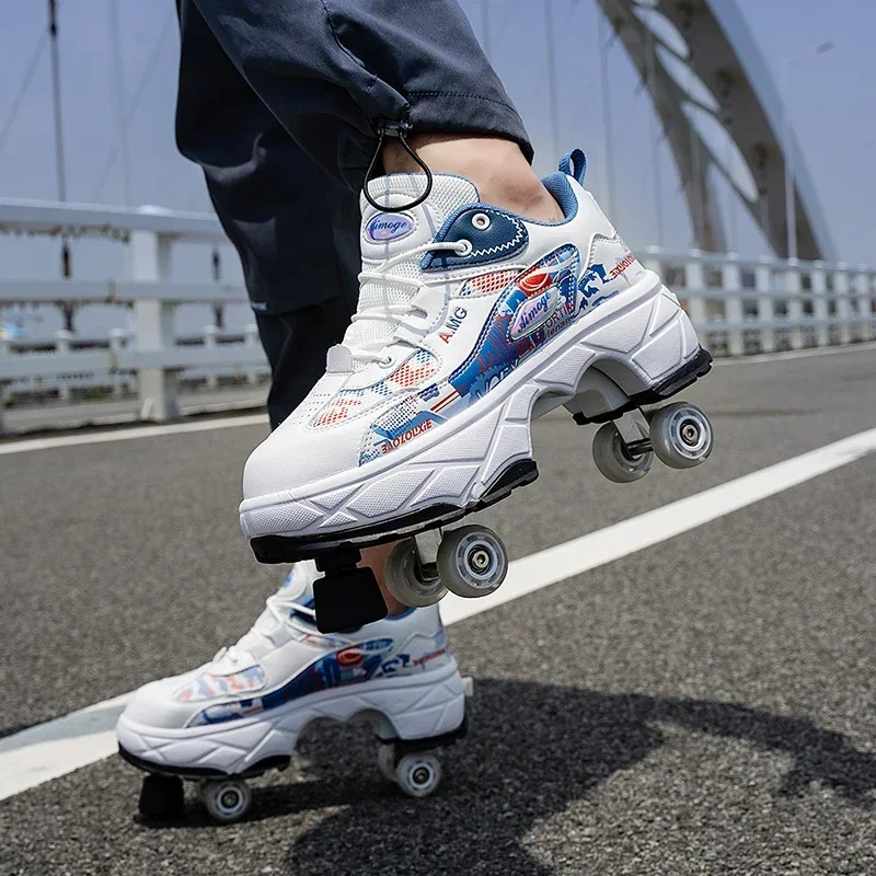 Casual Sneakers Walk Roller Skates Deform Runaway Four Wheel Skates for Adult Men Women Unisex Child Deform Wheel Parkour Shoes