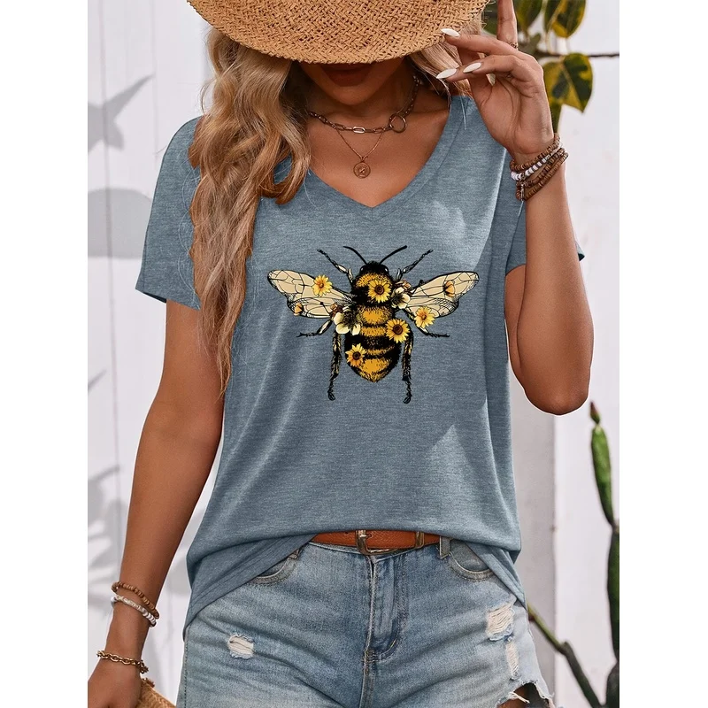 V-neck T-shirt, Vintage Natural Lively, Bumblebee and Flower Pattern Printed Colored Short-sleeve, Casual Versatile Comfortable