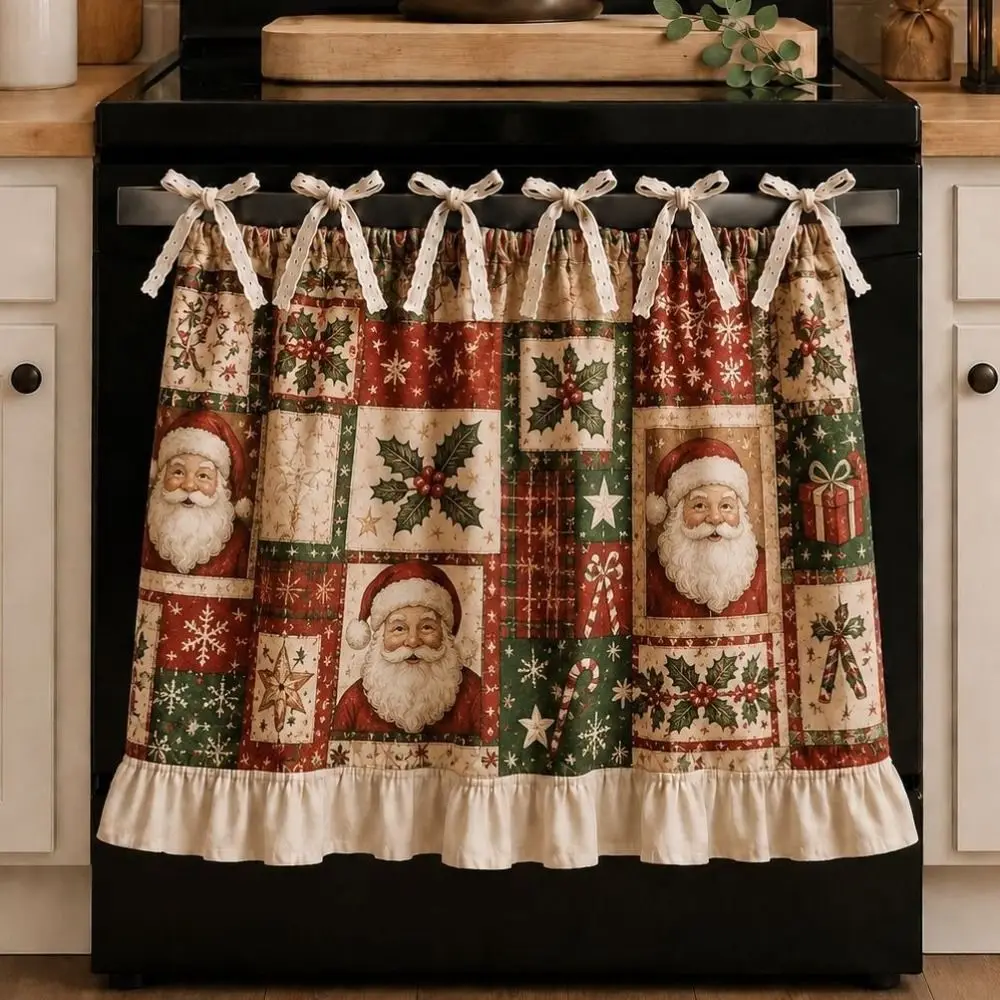 Ruffle Edge Christmas Oven Short Curtain Snowman Deer Multi-functional Tie Cabinet Curtain Snowflake Printed