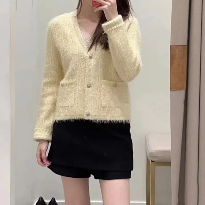 Women Yellow Cardigan Single Breasted V-Neck Long Sleeve Simple 2024 Spring Knit Sweater