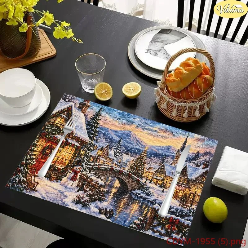 VIKAMA Christmas Placemats Winter Village Snowy Town Bridge Snowman Washable Mat Holiday Kitchen Dinner Party Decor