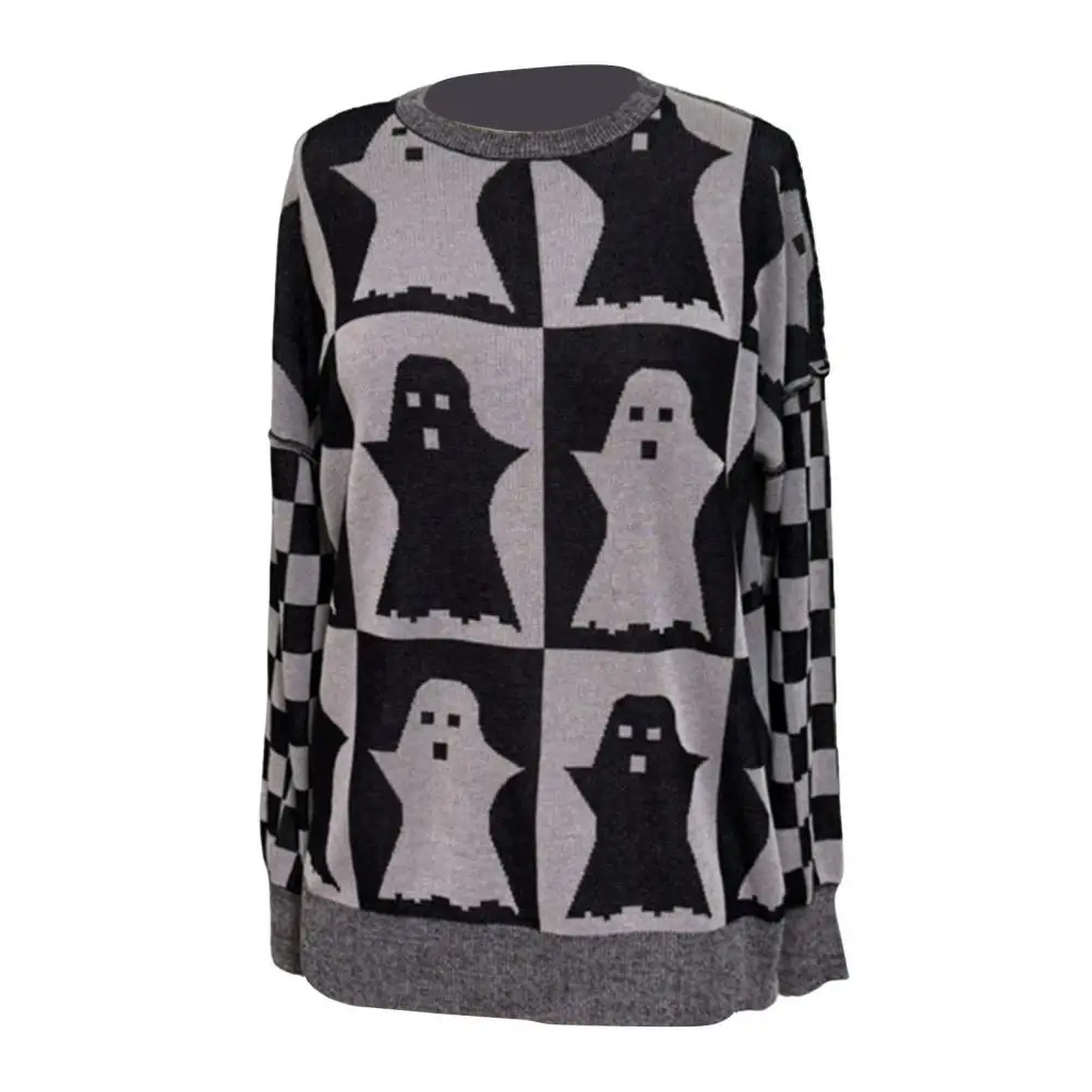 Spooky Graphic Knitwear Spooky Halloween Sweater Collection Plaid Pumpkin Ghost Pattern Knitwear Oversized Crew Neck Pullover