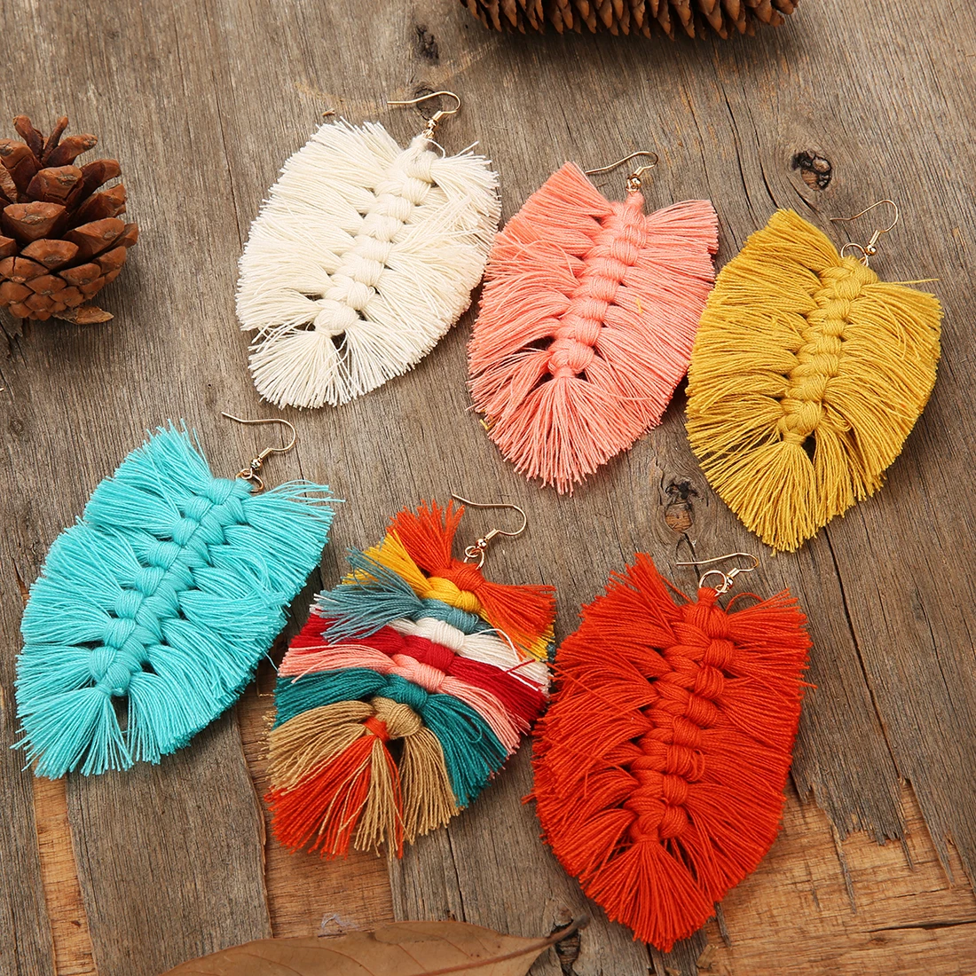 10x6cm Bohemian Leaf Fringe Earrings Macrame Colored Drop Tassel Earring For Trendy Women Party Gifts Jewelry Accessories Making