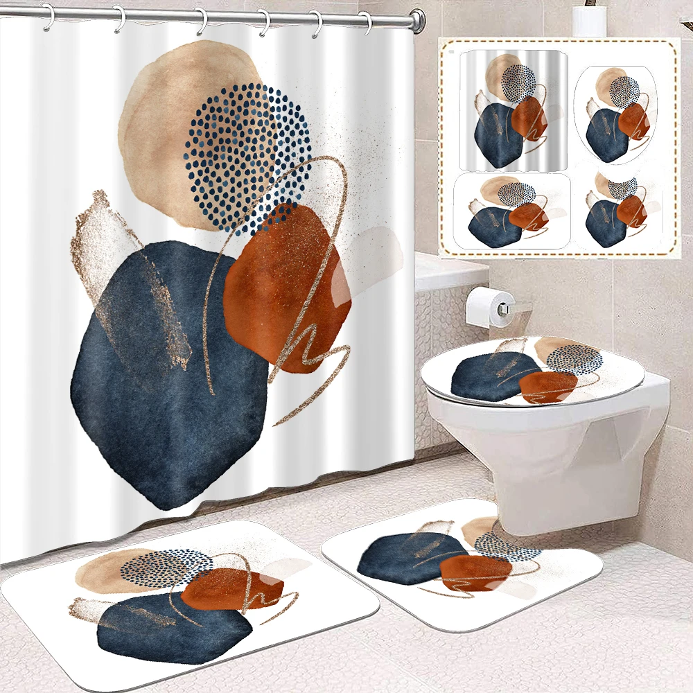 1 set of minimalist European geometric printed shower curtains, modern and fashionable style, with 12 hooks and bathroom floorin