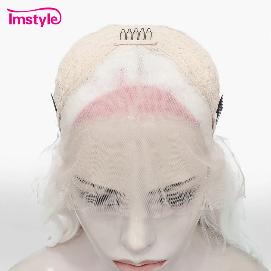 Imstyle White Wig Pink Highlight Synthetic Lace Front Wig Deep Wave Long Wigs For Women Heat Resistant Fiber Cosplay Wig