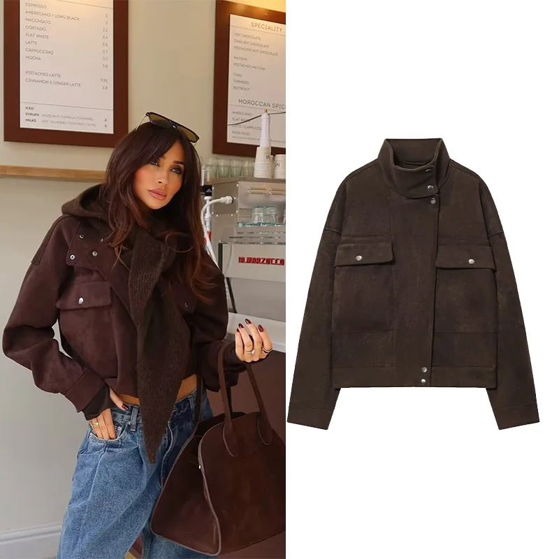 

Women Faux Suede Oversize Bomber Jacket with Zipper Autumn Simple High Collar Elegant Lady Warm Coats Chic Female Tops