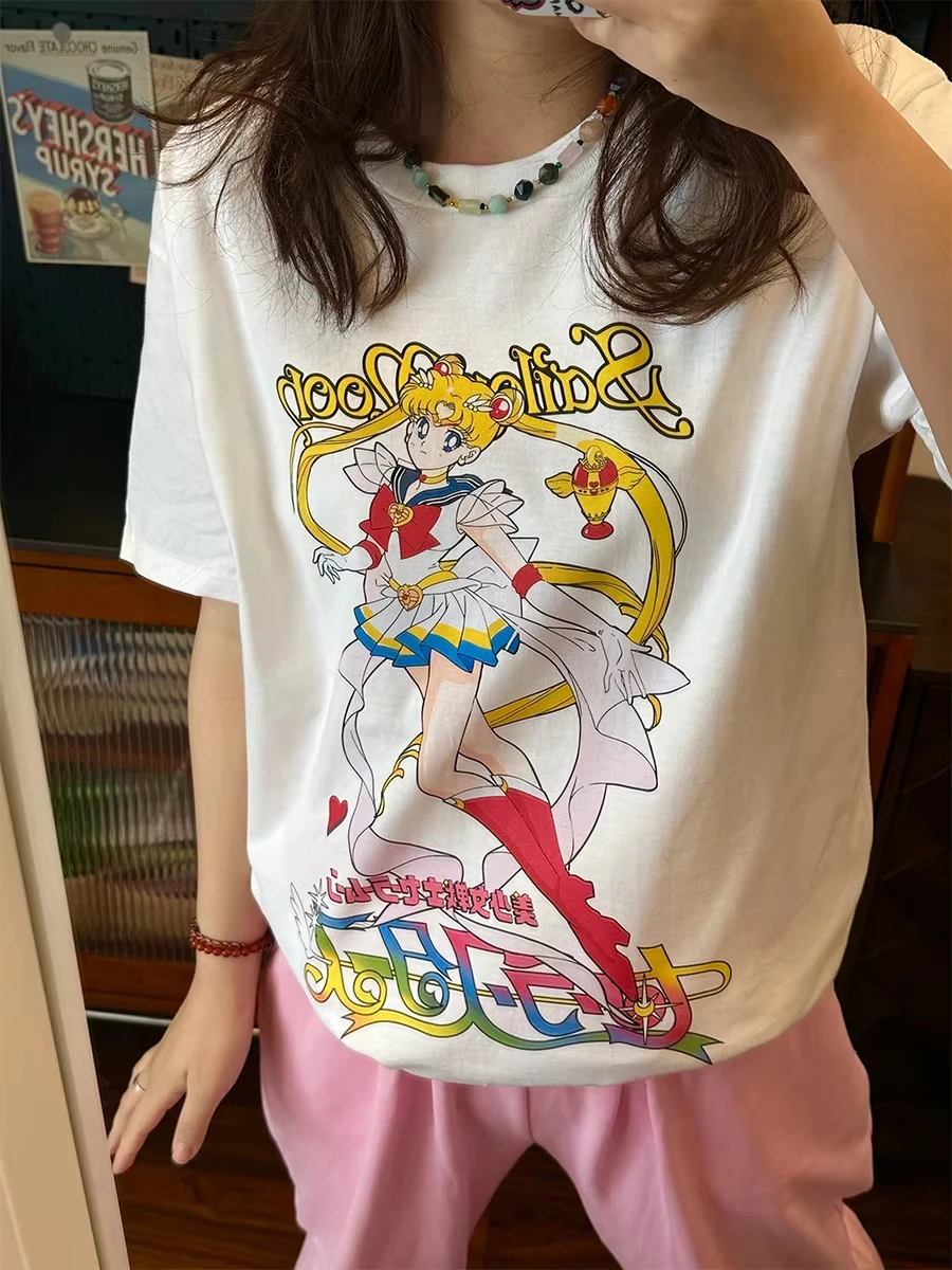 

Хлопковая универсальная свободная одежда Sailor Moon, оригинальная простая свободная пара для мужчин и женщин с тем же футболкой, уличная одежда