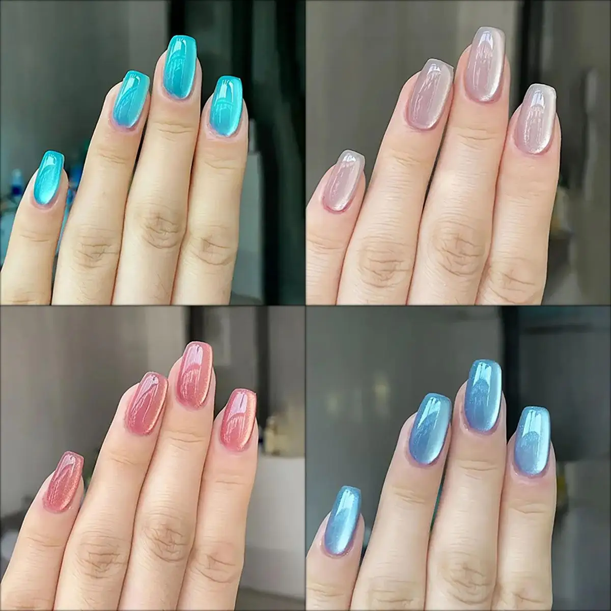 24 pièces brumeux bleu oeil de chat presse sur ongles court carré hiver noël faux ongles avec 1 gelée autocollants et fil de noël faux doigt