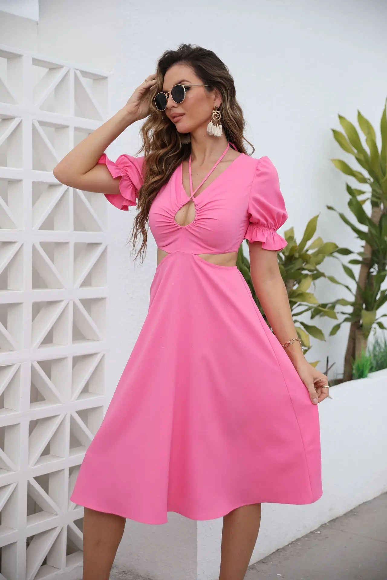 Vestido ajustado con cuello en V para mujer, Falda MIDI de color sólido, novedad de primavera y verano