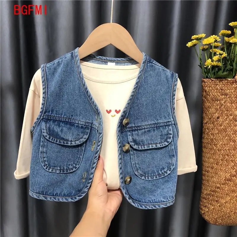 Toddler and Baby Girls Boys Thin Single-Breasted Denim Vest Jackets Child Waistcoat School Kids Outfit Tops 1-7 Years