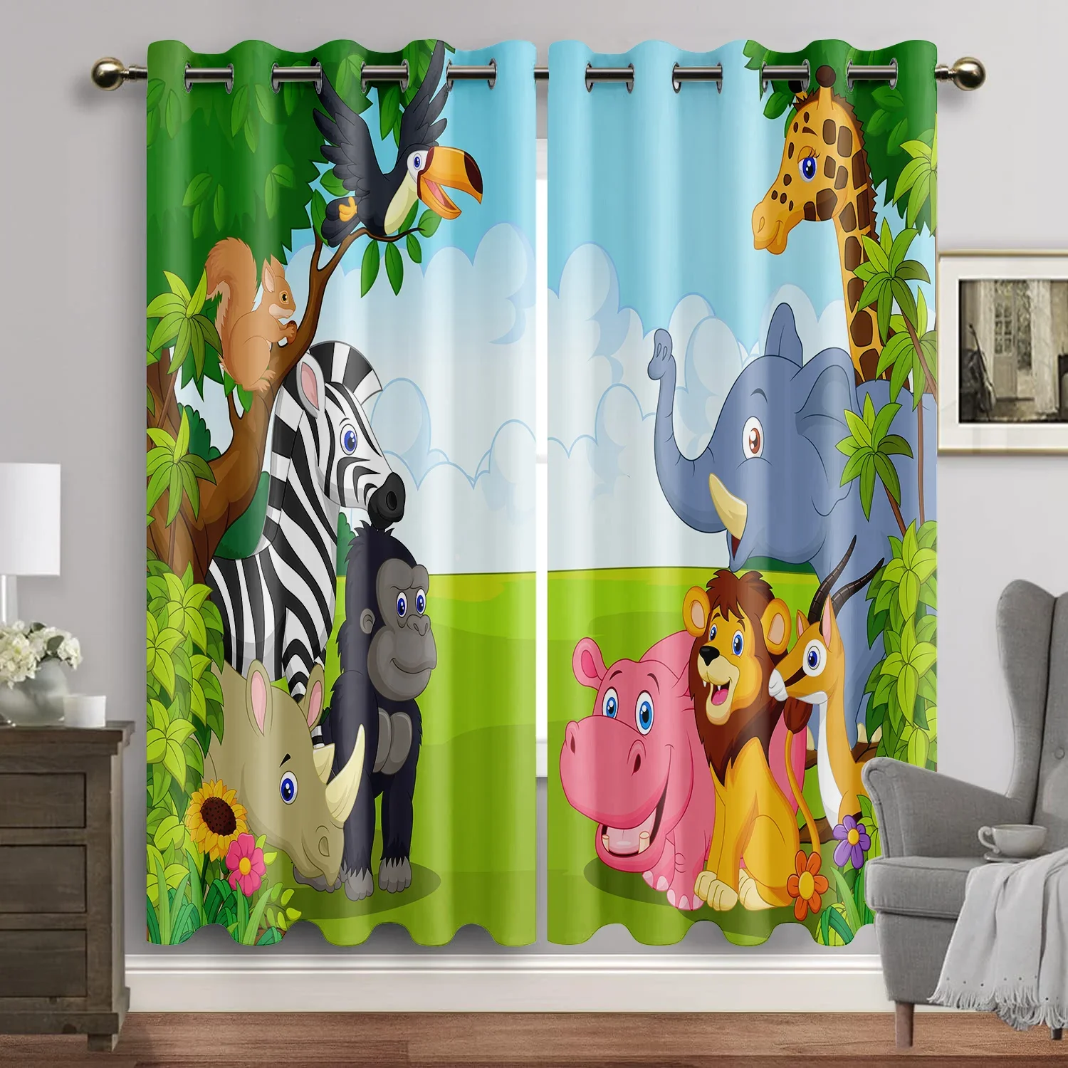 

UDTAPCS Safari Animals Window Curtain Cartoon Jungle Forest Print Curtains Home Decor Drape for Baby Children Bedroom Livingroom