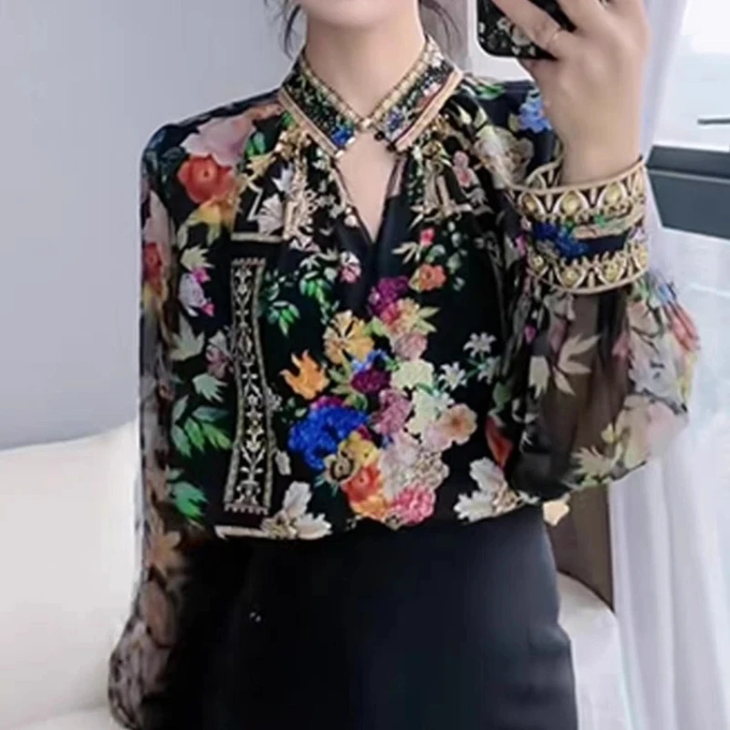 2024 Spring and Autumn Retro Ethnic Style Fashion Versatile Blouses Long Sleeve Printed Embroidery Splicing Women\'s Shirt Top