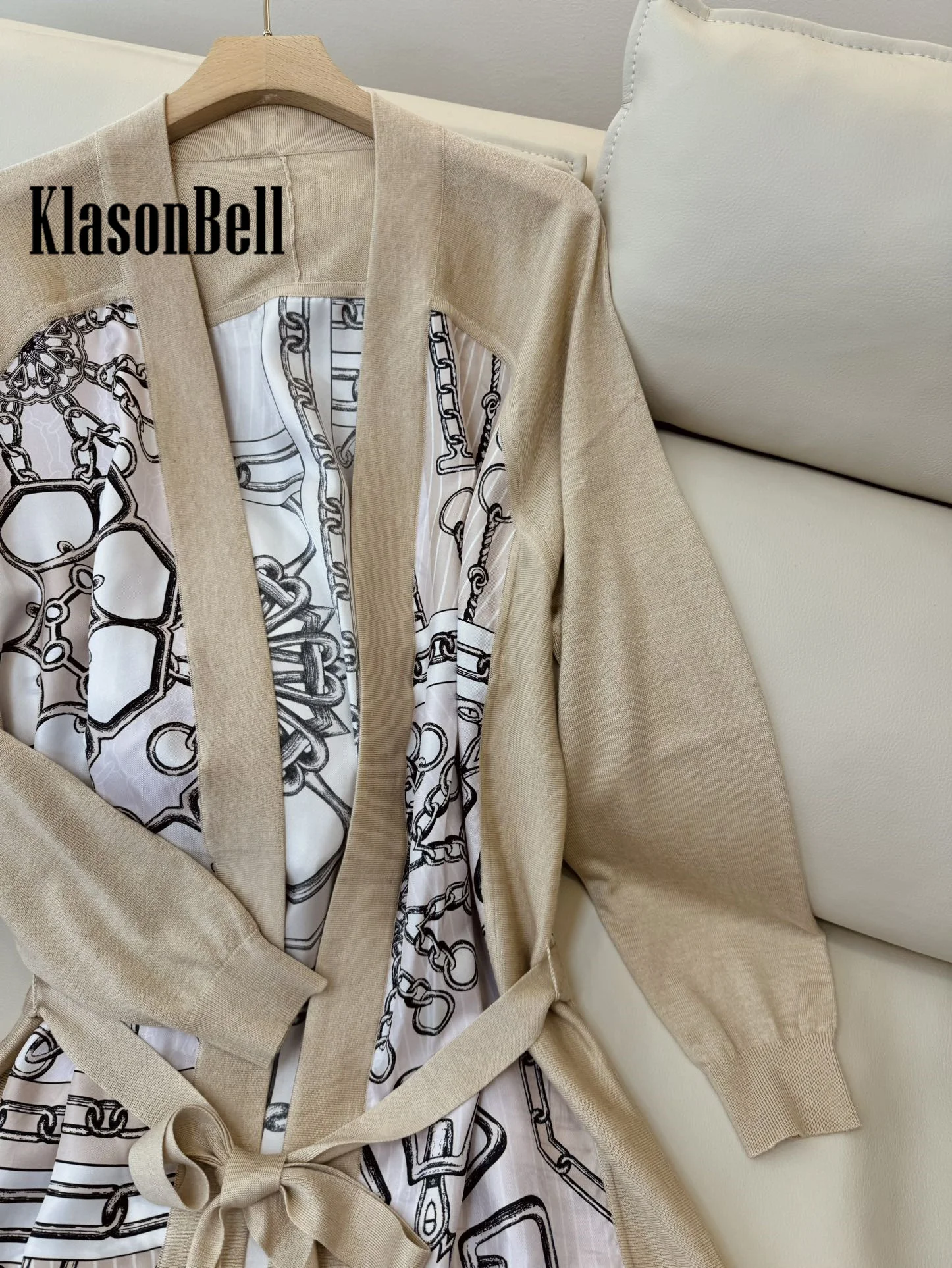 9.4 KlasonBell Women 2024 Autumn New Chain Geometric Pattern Silk Spliced Wool Blend Knit Cardigan V-Neck Sashes Long Coat