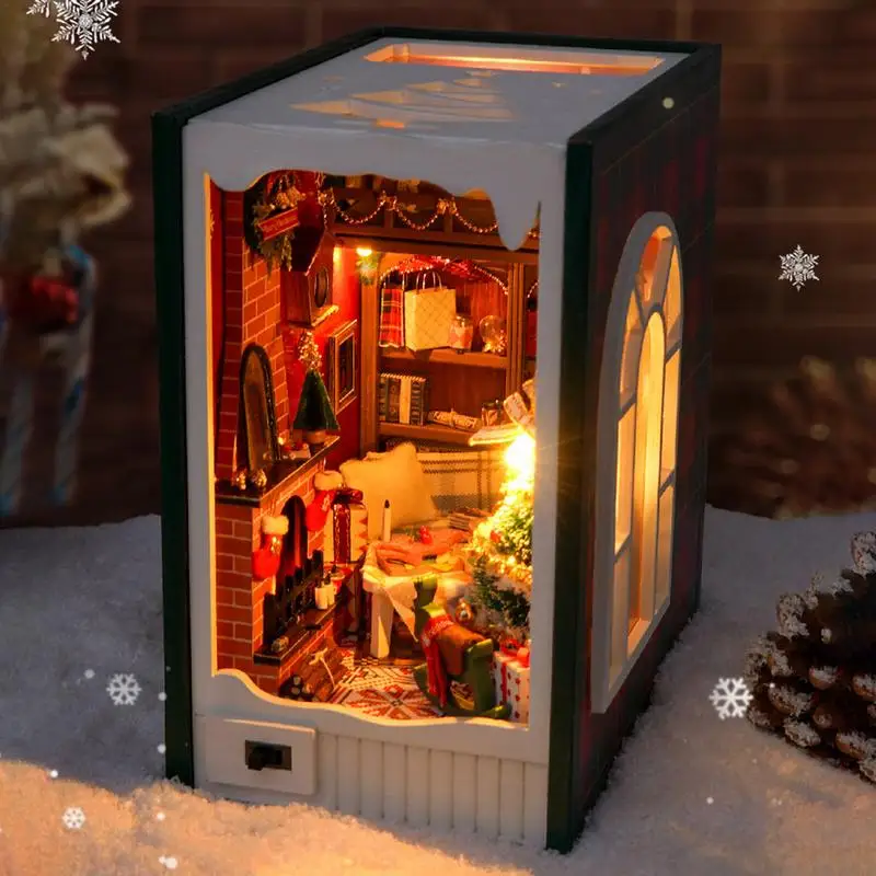 

Набор книжных уголок, декоративные миниатюрные подставки для книг, 3D деревянная модель дома с Рождеством, сборка декора книжной полки, комплект миниатюрного дома